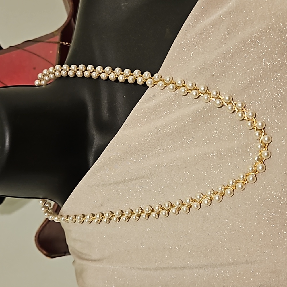 Faux Pearl Gold-tone Cris Cross Chain Fold Necklace